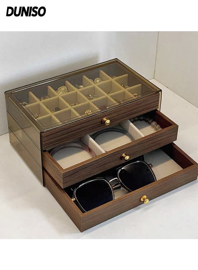 DUNISO 3 Tier Multifunctional Walnut Jewelry Storage Box, Display Stand with Handle and Drawer,Portable Jewellery Holder  for Earring ,Rings ,Necklaces and Bracelets - Image 1