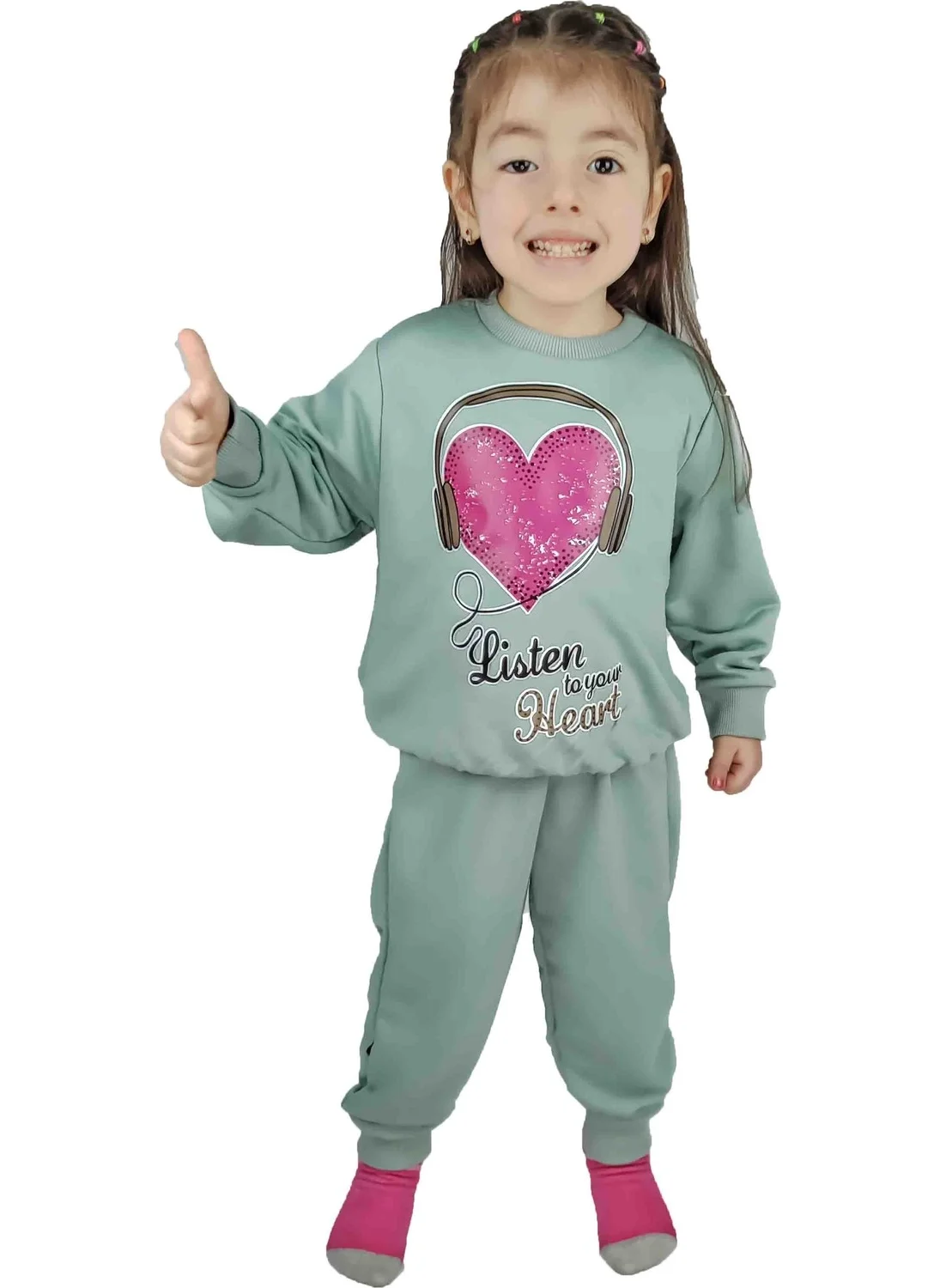 بلونس Girl's Green Printed Cotton Tracksuit Set