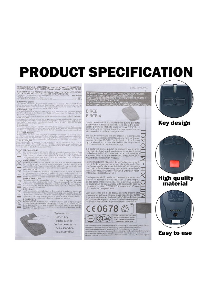 BFT MITTO U9A6 2B RCB Button REMOTE CONTROL - Image 4