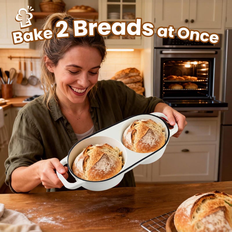 YONILL Mini Double Dutch Oven for Sourdough Bread Baking - Enameled Cast Iron Dutch Oven Pot with Lid and 5" Banneton Bread Proofing Basket Kit, Dual Round Bread Loaf Pan for Homemade Baking (White) - Image 2