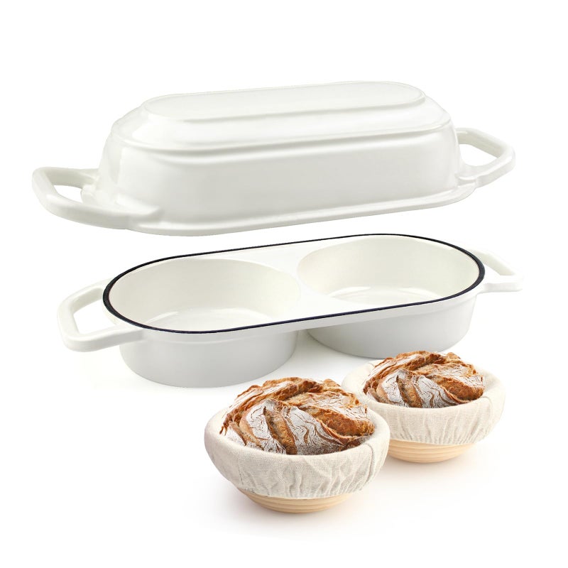 YONILL Mini Double Dutch Oven for Sourdough Bread Baking - Enameled Cast Iron Dutch Oven Pot with Lid and 5" Banneton Bread Proofing Basket Kit, Dual Round Bread Loaf Pan for Homemade Baking (White) - Image 1