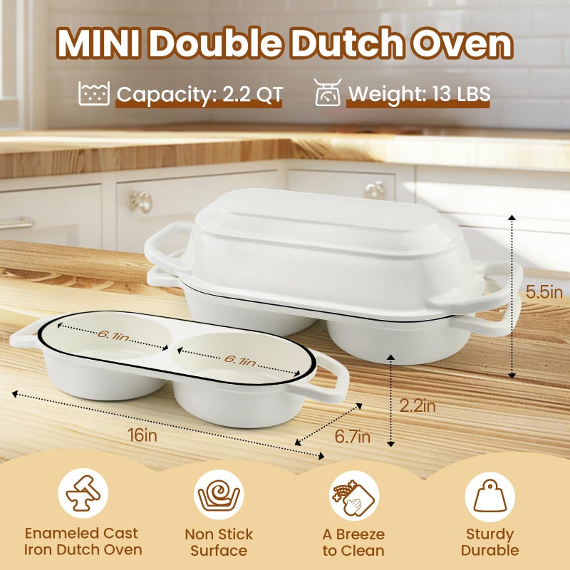 YONILL Mini Double Dutch Oven for Sourdough Bread Baking - Enameled Cast Iron Dutch Oven Pot with Lid and 5" Banneton Bread Proofing Basket Kit, Dual Round Bread Loaf Pan for Homemade Baking (White) - Image 4