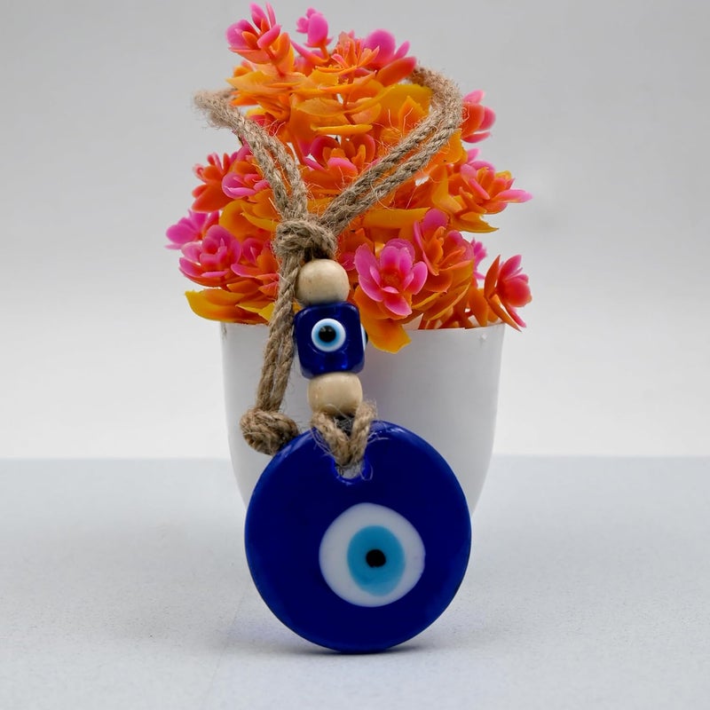 LINENSUTRA Handmade Turkish Evil Eye Blue Glass Hanging for Good Luck Prosperity Zodiac Success Health Wealth Office Home Decor Car Jute String with Multi Color Beads 2WB42315 - Image 4