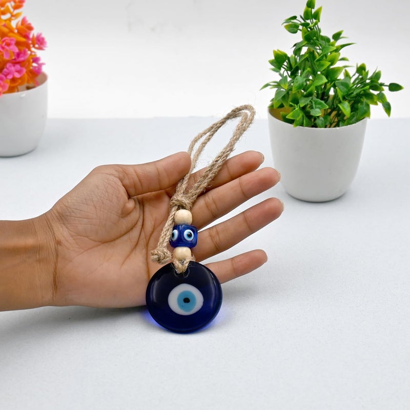 LINENSUTRA Handmade Turkish Evil Eye Blue Glass Hanging for Good Luck Prosperity Zodiac Success Health Wealth Office Home Decor Car Jute String with Multi Color Beads 2WB42315 - Image 3