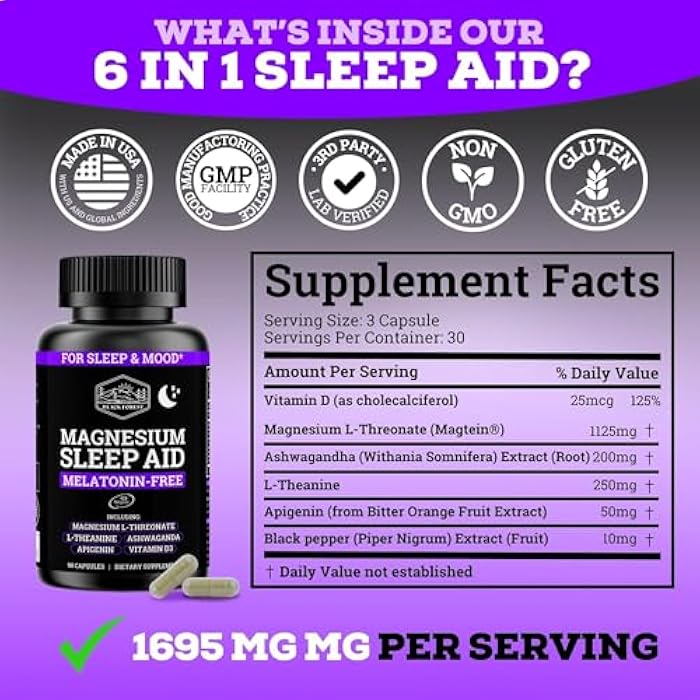 Black Forest Ashwagandha Magnesium Sleep Aid (6-in-1) - Magtein Magnesium L-Threonate, L-Theanine, Apigenin Supplement for Sleep 3 Enhanced with (Ashwagandha L theanine & Vitamin D) - Image 3