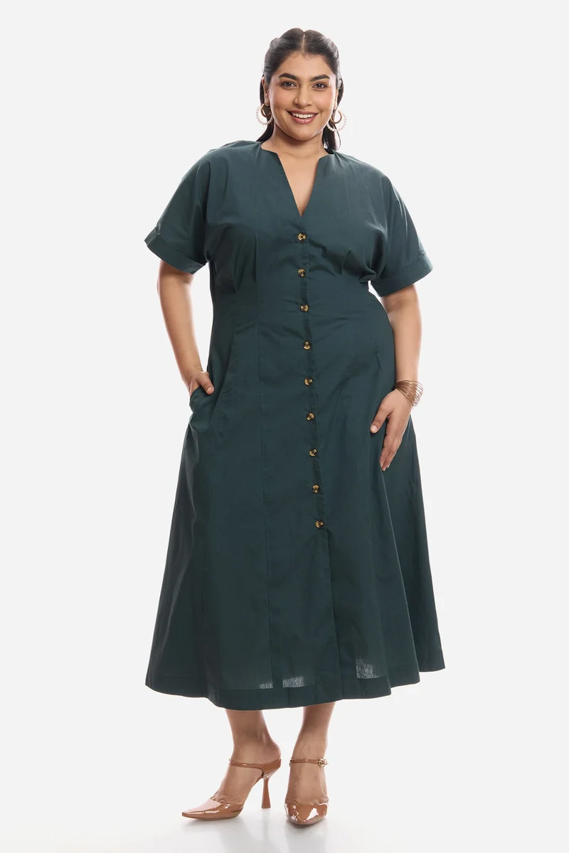 فيرجيو Solid Cotton Pleated Midi Shirt Plus Size Dress for Women