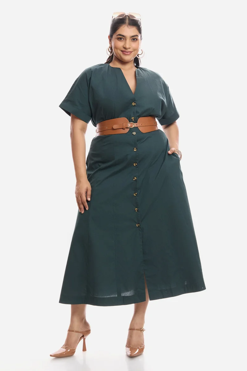 فيرجيو Solid Cotton Pleated Midi Shirt Plus Size Dress for Women