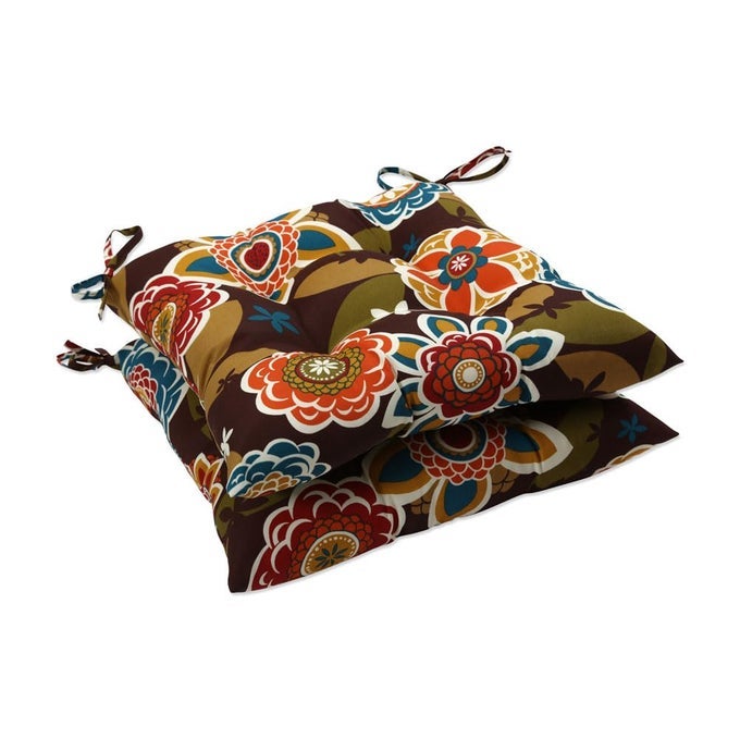 FLORAL INDOOROUTDOOR CHAIR SEAT CUSHION WITH TIES TUFTED WEATHER AND FADE RESISTANT 185 X 19 BROWNORANGE ANNIE 2 COUNT