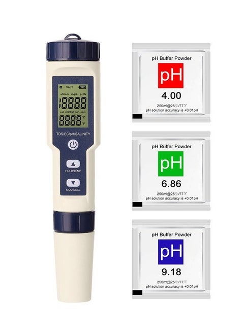 5 in 1 Water Quality Tester,Digital pH Meter PH/EC/TDS/Salinity/Thermometer for Water, Fish Tank,Pools and Hydroponics Equipped with Button Battery