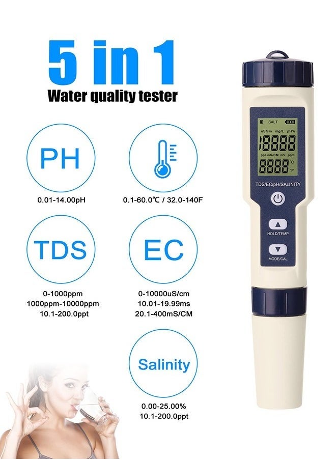 5 in 1 Water Quality Tester,Digital pH Meter PH/EC/TDS/Salinity/Thermometer for Water, Fish Tank,Pools and Hydroponics Equipped with Button Battery