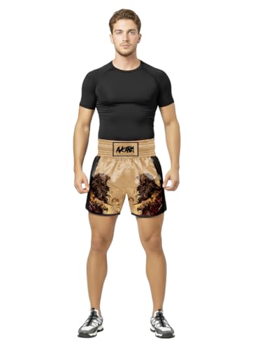 AKIBA مايو تاي كلاسيك شورتات الملاكمة للرجال والنساء (ذهب، XL)| MMA BJJ كيك بوكسينغ جربلينج تدريب شورتات | ساتين بوليستر فِت مريح فوق الركبة | خصر منخفض لملابس القتال الرياضية - Image 1