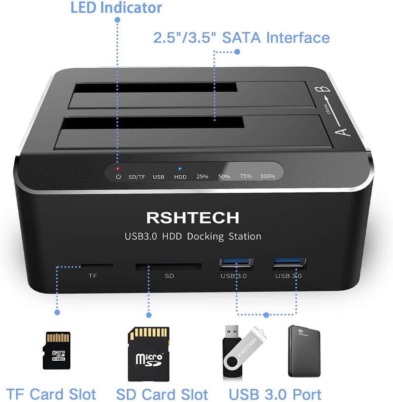 Rshtech Hard Drive Docking Station USB 3.0 Aluminum Dual Bay Hard Drive Dock for 2.5" & 3.5" SATA HDD SSD with SD/Micro SD Card Reader and Offline Clone/Duplicator Function Support 16TB Tool-Free - Image 5