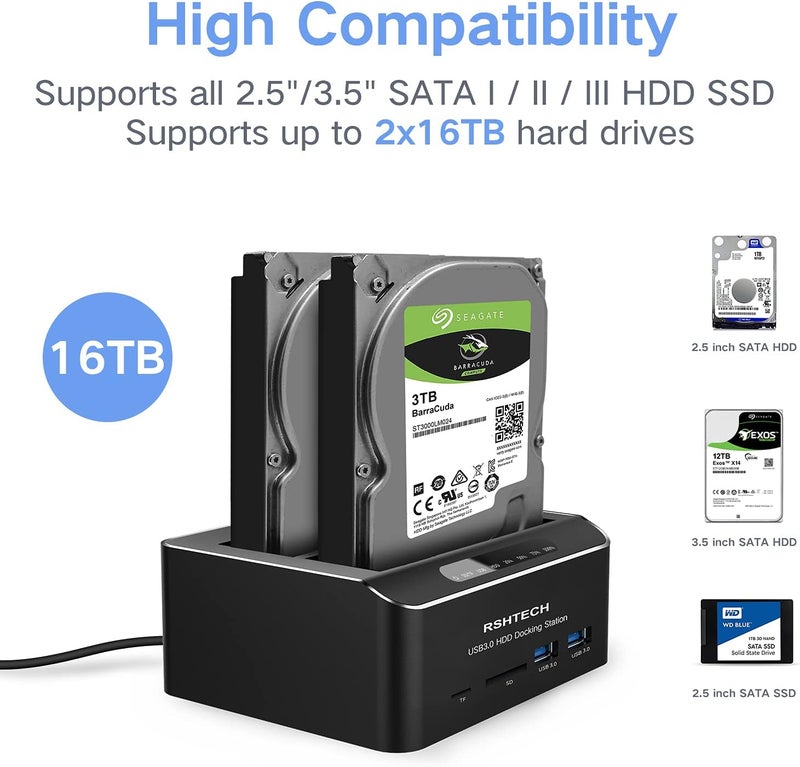Rshtech Hard Drive Docking Station USB 3.0 Aluminum Dual Bay Hard Drive Dock for 2.5" & 3.5" SATA HDD SSD with SD/Micro SD Card Reader and Offline Clone/Duplicator Function Support 16TB Tool-Free - Image 4