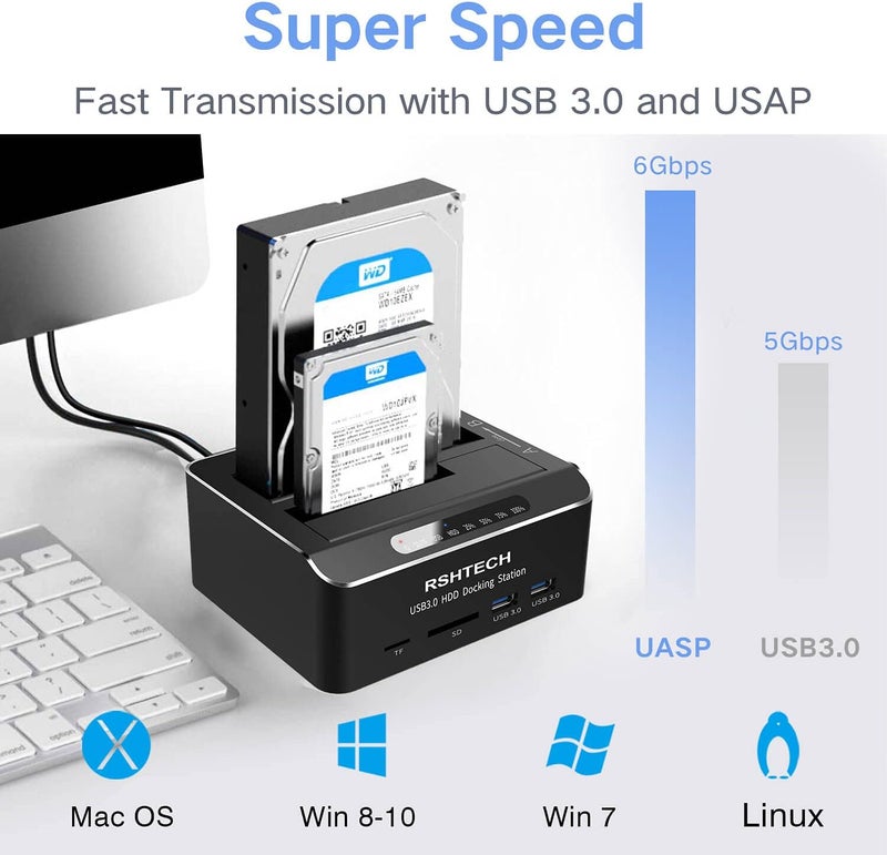 Rshtech Hard Drive Docking Station USB 3.0 Aluminum Dual Bay Hard Drive Dock for 2.5" & 3.5" SATA HDD SSD with SD/Micro SD Card Reader and Offline Clone/Duplicator Function Support 16TB Tool-Free - Image 3