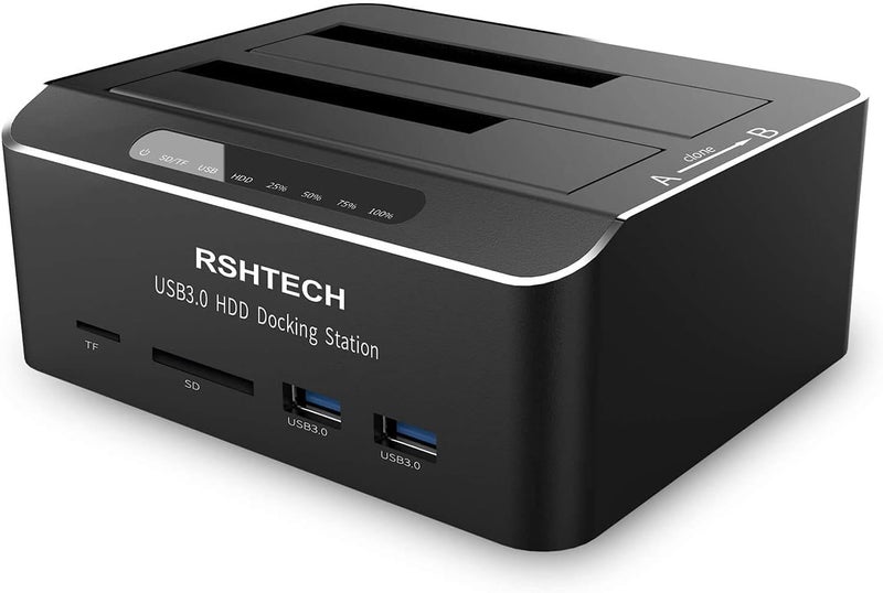Rshtech Hard Drive Docking Station USB 3.0 Aluminum Dual Bay Hard Drive Dock for 2.5" & 3.5" SATA HDD SSD with SD/Micro SD Card Reader and Offline Clone/Duplicator Function Support 16TB Tool-Free - Image 1