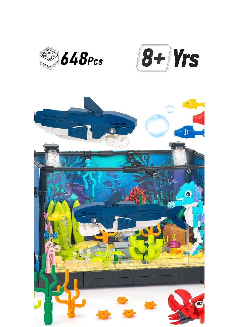 Excefore Fish Tank Building Set, Creative Fish Aquarium with Shark, Collectible DIY Toy for Adults, Boys, and Girls Ages 8+, Includes Light, 648PCS. - Image 1