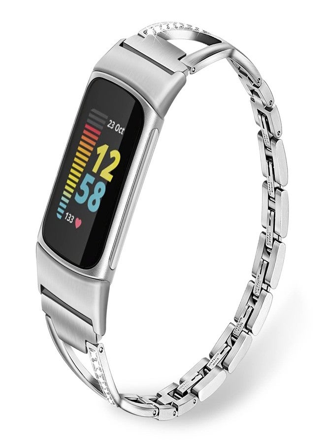 TRUMiRR Band for Fitbit Charge 5 Women, Stainless Steel & Diamond Watchband Feminine Jewelry Strap for Fitbit Charge 5, Silver - Image 1