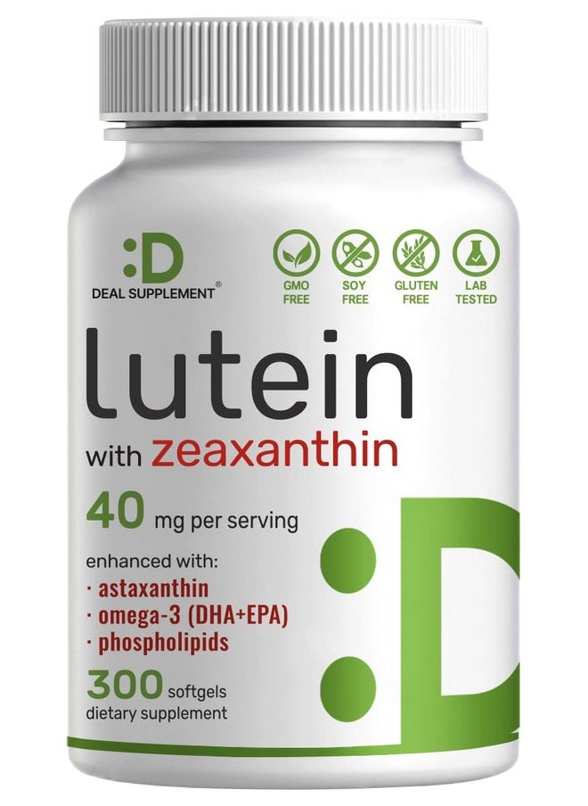 ملحق الصفقة DEAL SUPPLEMENT مكملات اللوتين والزياكسانثين، 40 مجم لكل وجبة | 300 كبسولة هلامية، معززة بالأستازانتين وأوميجا 3 والفوسفوليبيدات، فيتامينات أساسية للعين ودعم صحة الرؤية  - Image 1