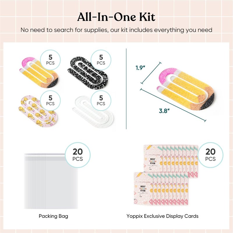 YOPPIX 20 Set Jumbo Teacher Acrylic Paper Clips with 20Pcs Exclusive Back Card, Cute Pencil Paperclip Design for Office Classroom Bookmark Gift Book Lovers, Back to School Supplies - Image 3