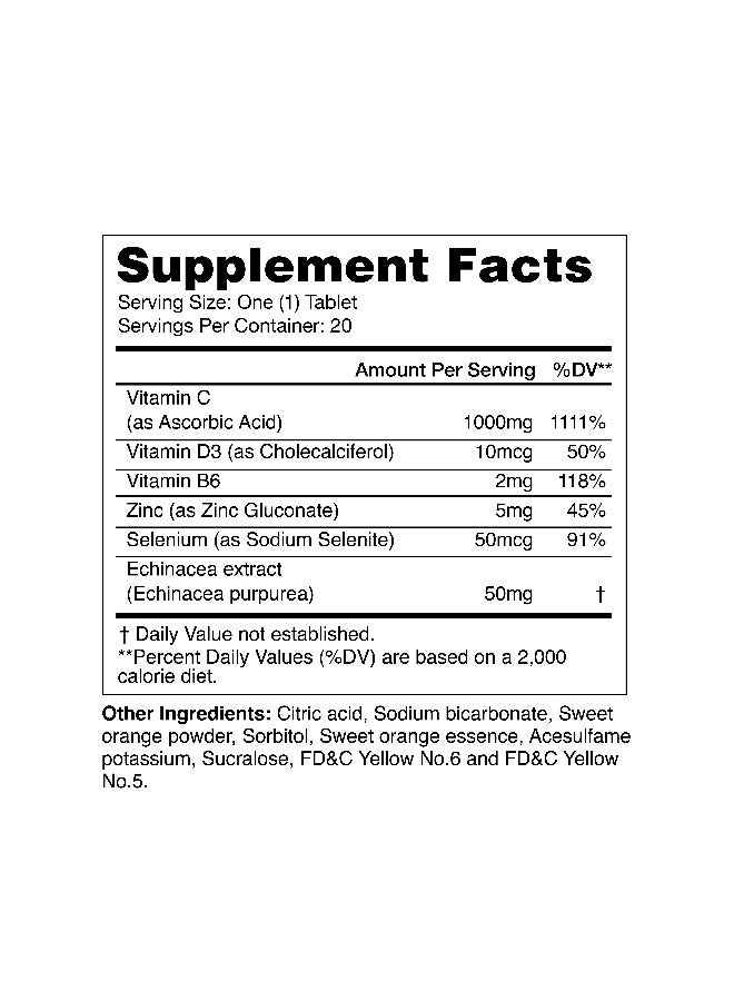 Natural Fervor VitalShield Immune Support Vitamin C 1000mg + Echinacea  + Zinc and other Vital Ingredients Orange Flavored 20 Tablets - Image 2