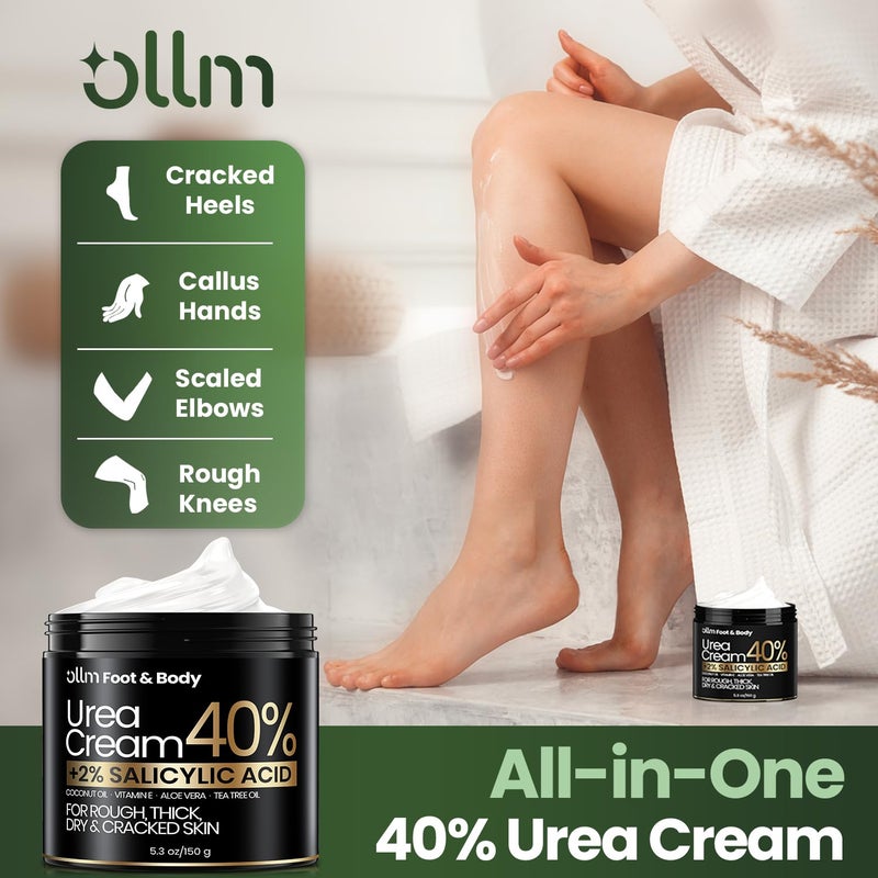 OLLM Urea Cream 40 Percent for Feet - Foot Cream for Dry Cracked Heels, 2% Salicylic Acid for Callus Remover, Maximum Strength Repair Skin, Soft & Smooth 40% Urea Lotion Moisturizer Elbows Hands Knees - Image 3