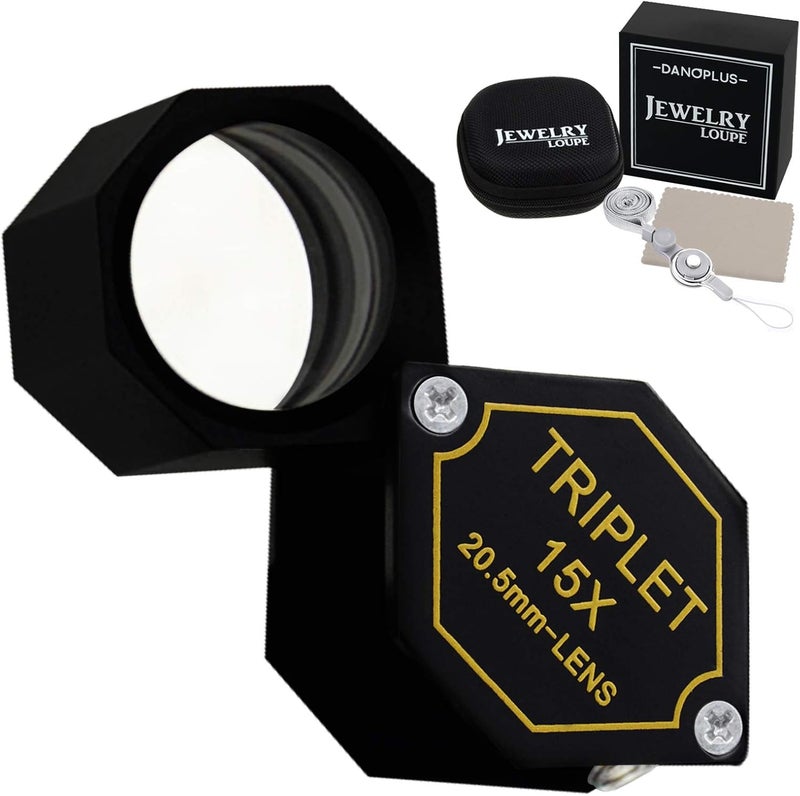 DANOPLUS 15x Jewelry Loupe, 20.5mm Triplet Lens Optical Glass, Black Hexagonal Design, Kit Set with Case, Cloth & Lanyard - Image 1