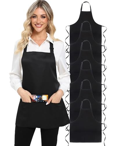 Xeoxarel 6 Pack Adjustable Bib Apron with 3 Pockets Cooking Kitchen Aprons for Women Men Chef, Waterdrop Black - Image 1