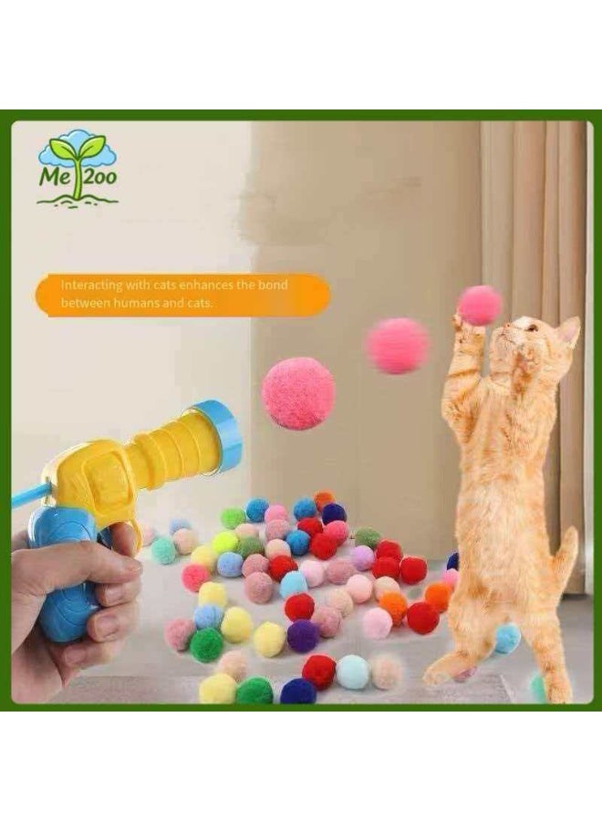 Cat Plush Ball Launcher Toy Gun Set (30 Pcs 3cm Color Pom-poms) Interactive Stress Relief Pet Toy, Bite-Resistant Fluffy Balls for Kitten Solo Play - Image 1