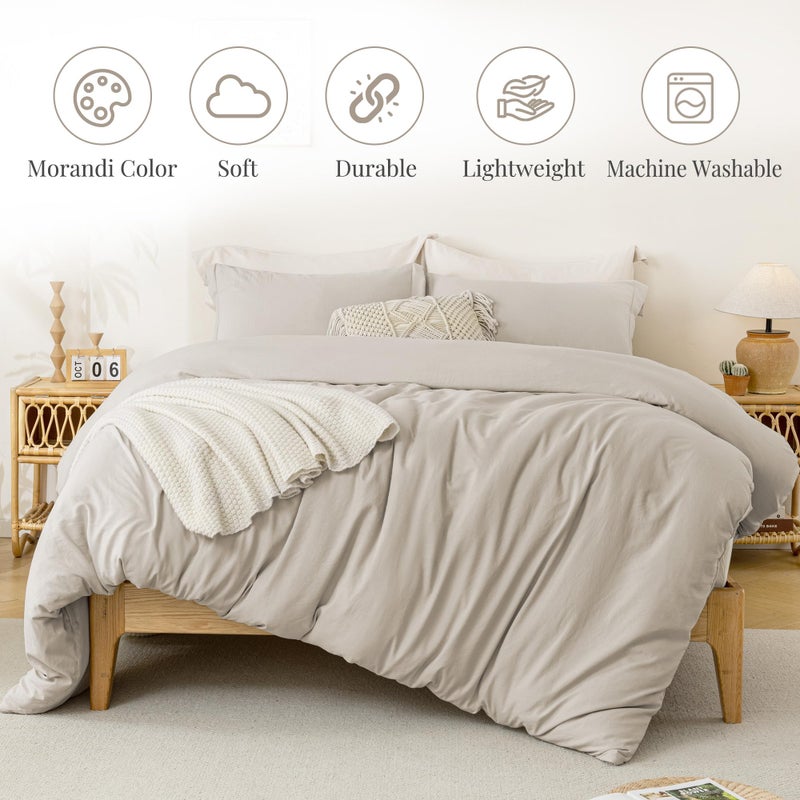MILDLY Super Soft Duvet Cover - 100% Washed Microfiber Oatmeal Linen Grey Comforter Cover Set 3 Pieces with Zipper Closure & Corner Ties (No Comforter) - Image 2
