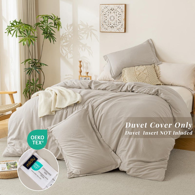MILDLY Super Soft Duvet Cover - 100% Washed Microfiber Oatmeal Linen Grey Comforter Cover Set 3 Pieces with Zipper Closure & Corner Ties (No Comforter) - Image 3