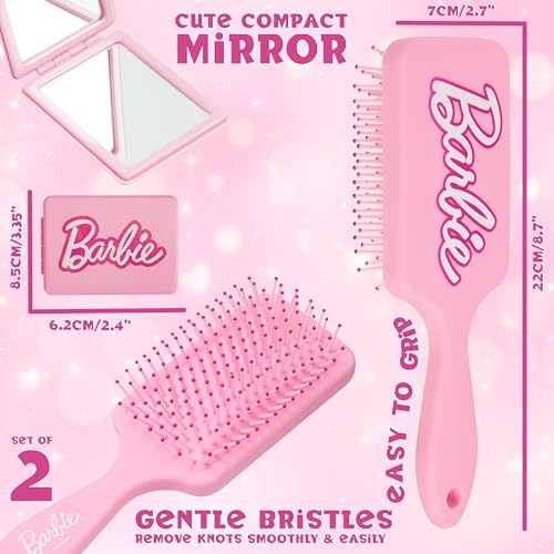Barbie Detangle Hair Brush for Women Teenagers Girls, Paddle Brush and Compact Mirror Set - Gifts for Her - Image 4