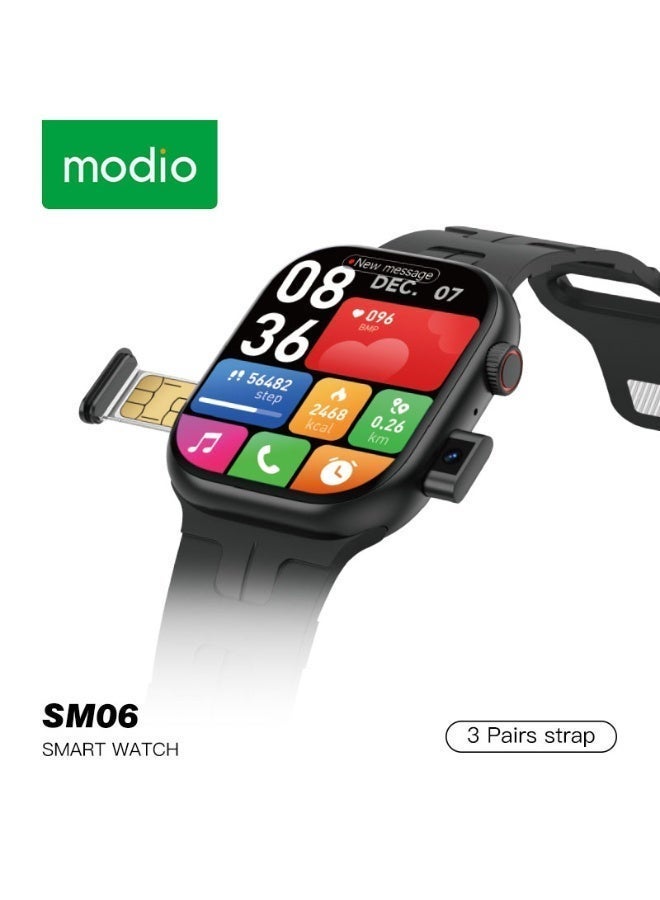 modio موديو SM06 ساعة ذكية بدعم بطاقة SIM، كاميرا مزدوجة، شحن لاسلكي، 3 أحزمة قابلة للتبديل، ساعة ذكية بشاشة لمس للرجال والنساء، أسود - Image 1