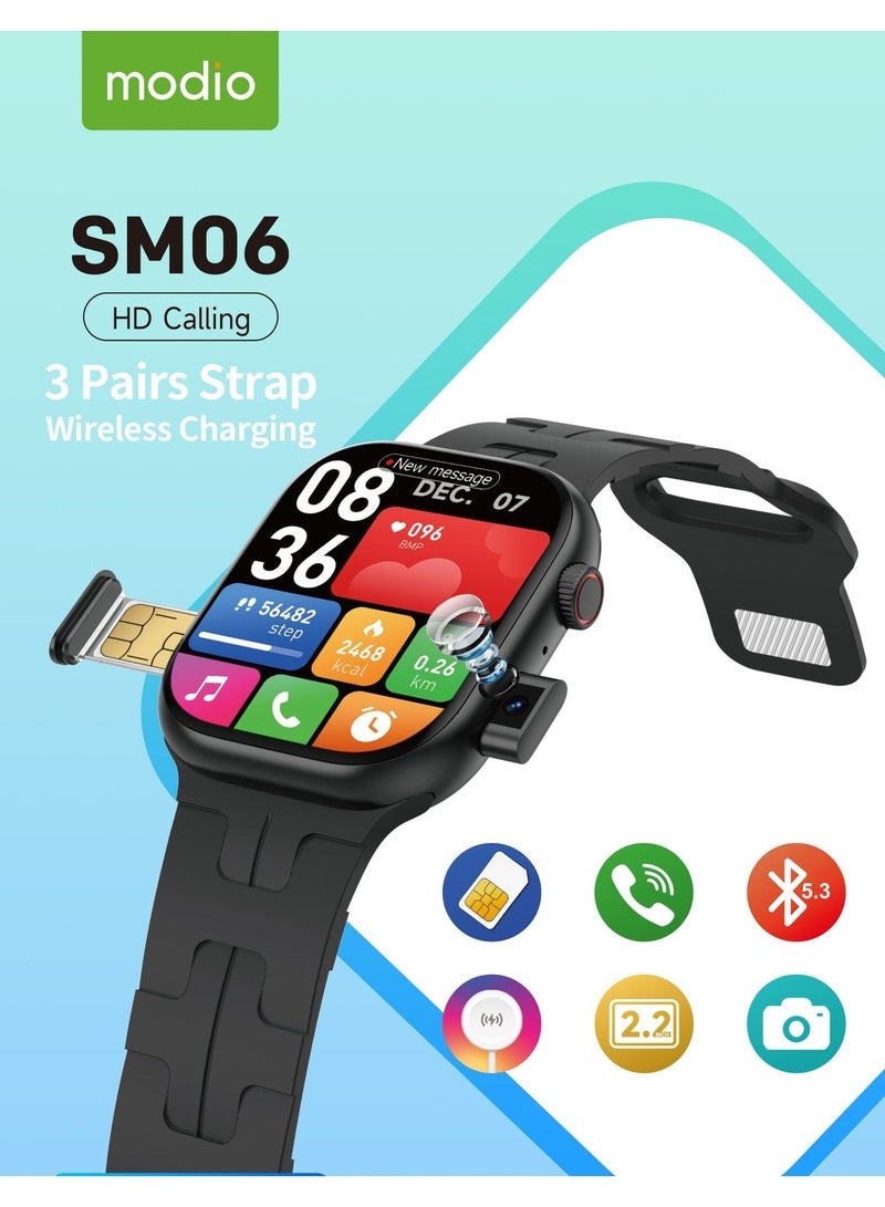 modio موديو SM06 ساعة ذكية بدعم بطاقة SIM، كاميرا مزدوجة، شحن لاسلكي، 3 أحزمة قابلة للتبديل، ساعة ذكية بشاشة لمس للرجال والنساء، أسود - Image 2