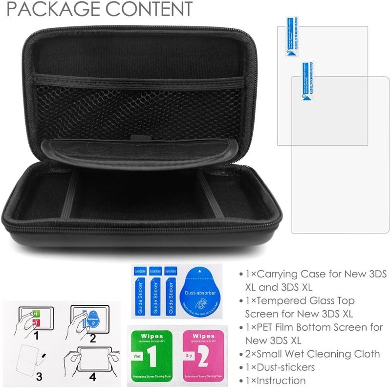 AFUNTA Protective Case Compatible New 3DS XL & Screen Protectors, 2 Pcs Tempered Glass for Top Screen & HD Clear PET Film for Bottom Screen, 1 Carrying EVA Case for Console - Image 2