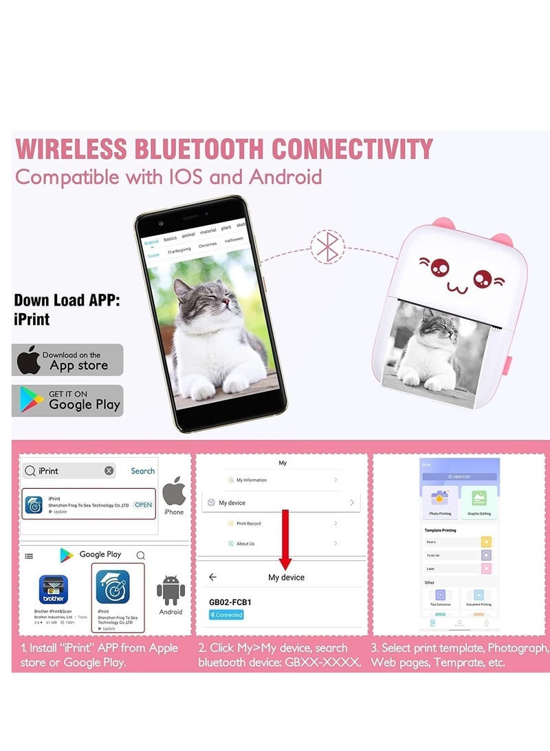 Portable Mini Photo Printer with 6 Rolls of Paper, Wireless Bluetooth Thermal Printer, USB Cable for Sticky Notes Photo Web Document Printing - Image 5
