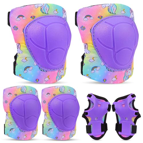 FIODAY Knee Pads for Kids Protective Gear Set Adjustable Kids Knee Pads and Elbow Pads with Wrist Guard for Girls Roller Skates Cycling Bike Skateboard Scooter Knee Pads, 3-8 Years,Rainbow Unicorn - Image 1