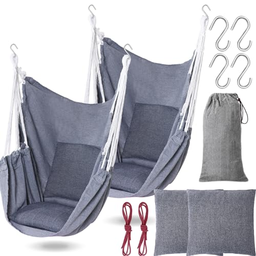 Beeveer 2 Pieces Hammock Chair Hanging Rope Swing Large Swing Chair Seat Cushion Included for Indoor Outdoor Home Bedroom Patio Yard BalconyMax 300 LbsGray - Image 1
