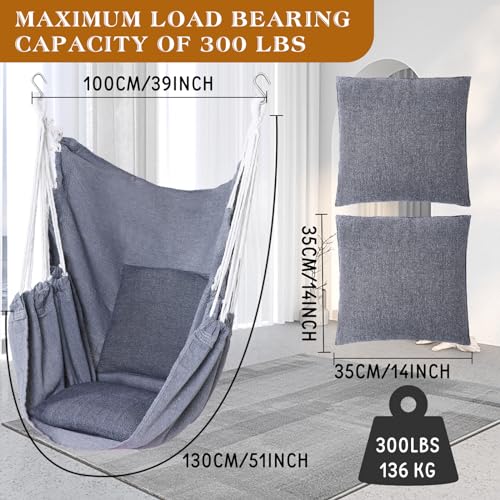 Beeveer 2 Pieces Hammock Chair Hanging Rope Swing Large Swing Chair Seat Cushion Included for Indoor Outdoor Home Bedroom Patio Yard BalconyMax 300 LbsGray - Image 3