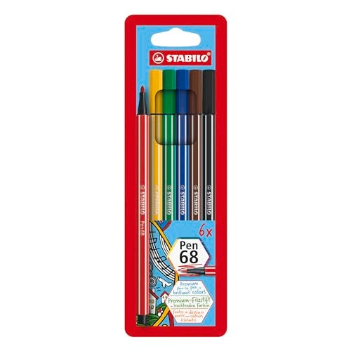 STABILO Premium FiberTip Pen Pen 68 Pack of 6 Assorted Colors Coloring Felt Tip Marker Fine Point 1mm Medium Tip - Image 1