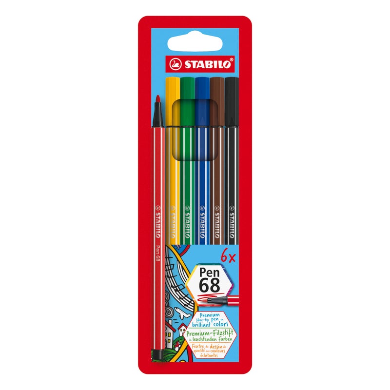 STABILO Premium FiberTip Pen Pen 68 Pack of 6 Assorted Colors Coloring Felt Tip Marker Fine Point 1mm Medium Tip - Image 2