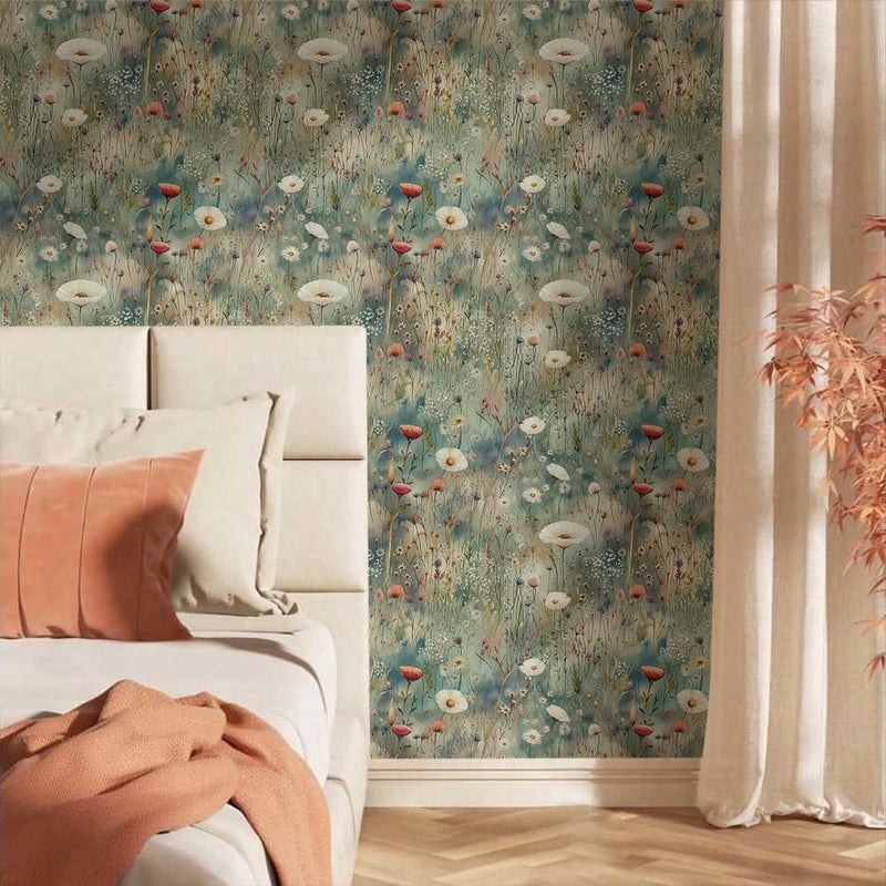 MuralPeel ورق جدران مائي من مورايل بيل زهور برية بيضاء زهور خضراء فاتحة لاصق ذاتي قابل للإزالة سهل الإزالة ورق لاصق للجدران لغرفة النوم خزانة مناسب للمستأجرين - Image 2