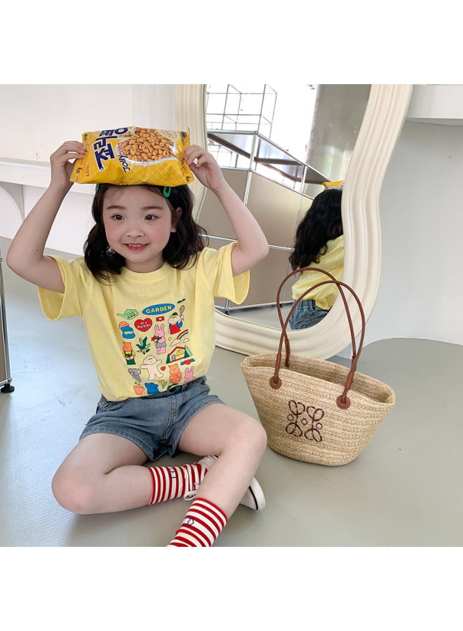Children's Summer Thin Cartoon Print Short Sleeve Korean Style Boys And Girls Ramie Cool Mint Fun Bobot Shirt