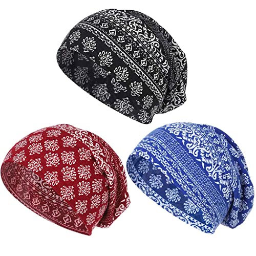Bohend Bohemian Beanie Hats Headwear Cap Stretch Non Slip Sleep Turbans Hats for Women Men Close top Head Covering (3 Pack) (Cashew Flower Style) Multicolor - Image 1
