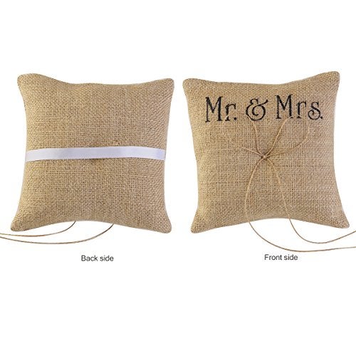 TINKSKY Mr Mrs Wedding Ring Pillow Burlap Jute Bow Twine Rustic Ring Pillow - Image 3