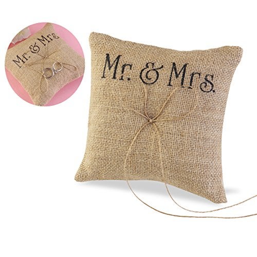 TINKSKY Mr Mrs Wedding Ring Pillow Burlap Jute Bow Twine Rustic Ring Pillow - Image 2