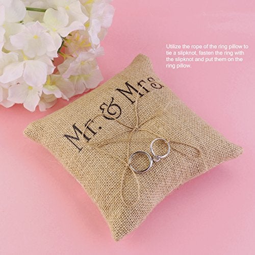 TINKSKY Mr Mrs Wedding Ring Pillow Burlap Jute Bow Twine Rustic Ring Pillow - Image 4