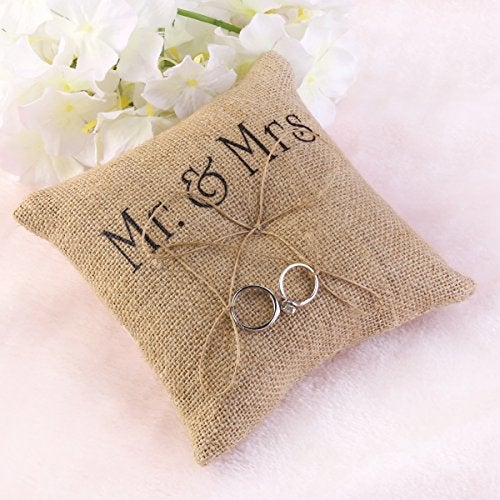TINKSKY Mr Mrs Wedding Ring Pillow Burlap Jute Bow Twine Rustic Ring Pillow - Image 5