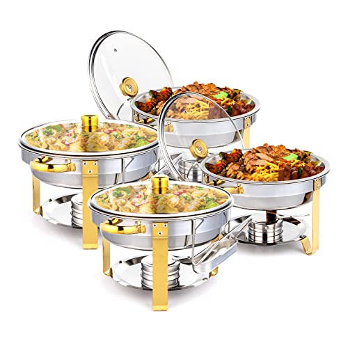 ROVSUN 5QT 4 Packs Chafing Dish Buffet Set Gold Accent, NSF Round Stainless Steel Buffet Warmer Chafers and Warmers Sets with Glass Lid & Lid Holder for Catering Events Parties Weddings Dinners - Image 1