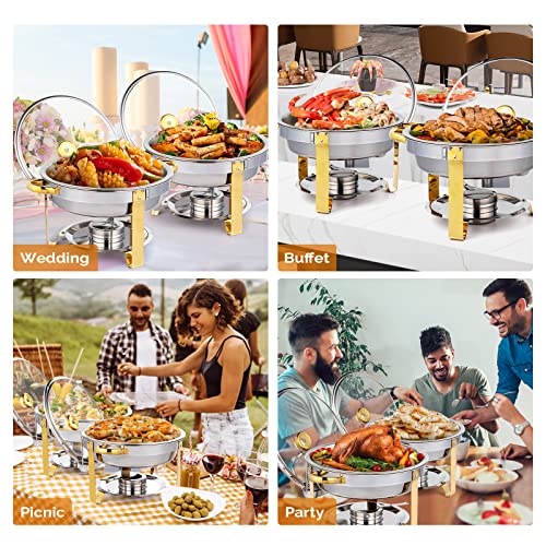 ROVSUN 5QT 4 Packs Chafing Dish Buffet Set Gold Accent, NSF Round Stainless Steel Buffet Warmer Chafers and Warmers Sets with Glass Lid & Lid Holder for Catering Events Parties Weddings Dinners - Image 2