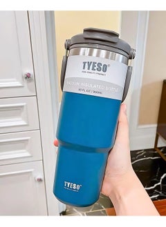 TYESO 30 oz Tumbler with Handle and Straw Lid, Insulated Stainless Steel Double Walled Vacuum Water Bottle for Office, Home, Sport or Car, Travel Mug (Blue)  - Image 2